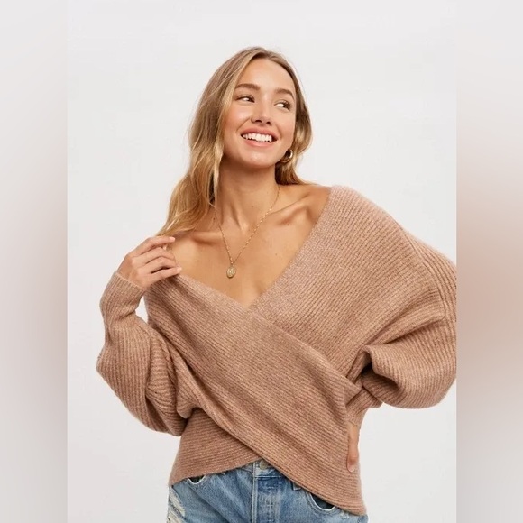 CLEAR OUT!!! Crossover Ribbed Pullover- Latte - Picture 2 of 11